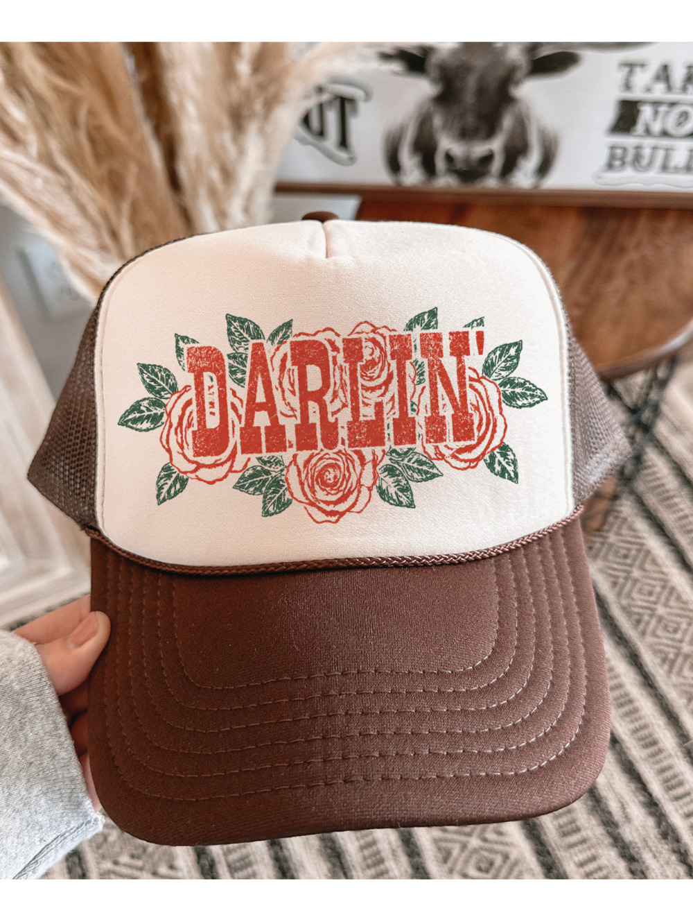 Darlin With Roses -  Foam Otto Trucker Hats: Brown & Tan